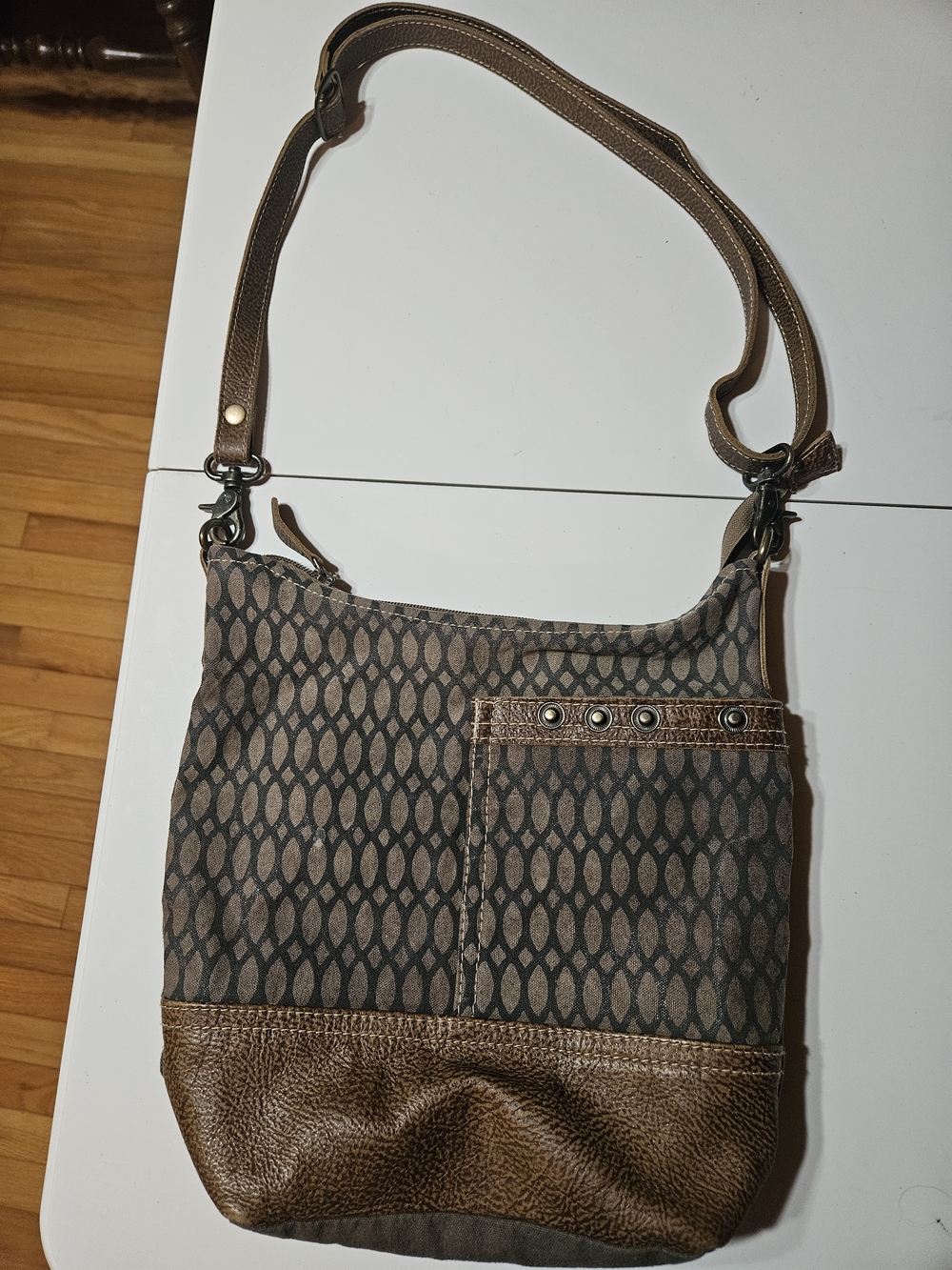 Myra Bag Brown Patterned Crossbody with Leather Trim